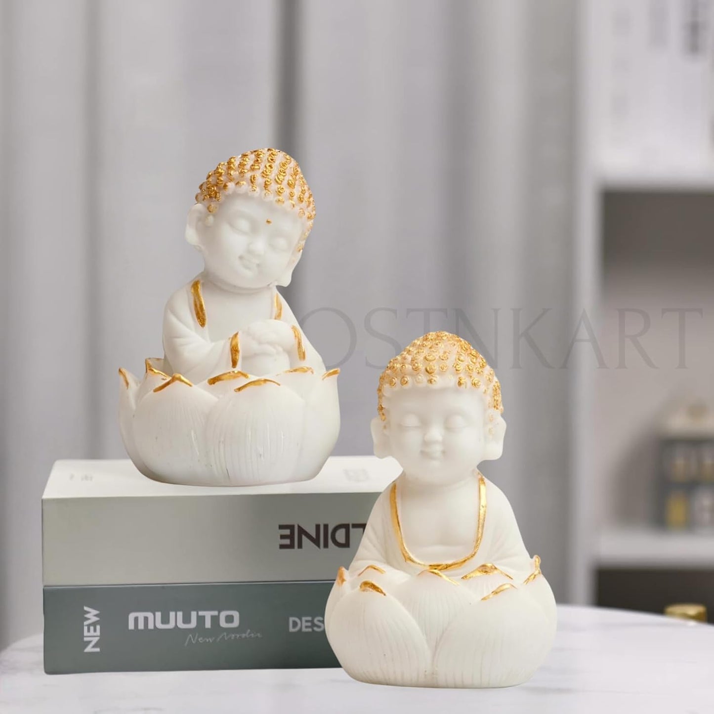 OSTNKART Laughing Buddha Statues for Living Room Good Luck Home Decorative item showpeice office Study Table Gift card house warming gifts for new home (White,set of 2)