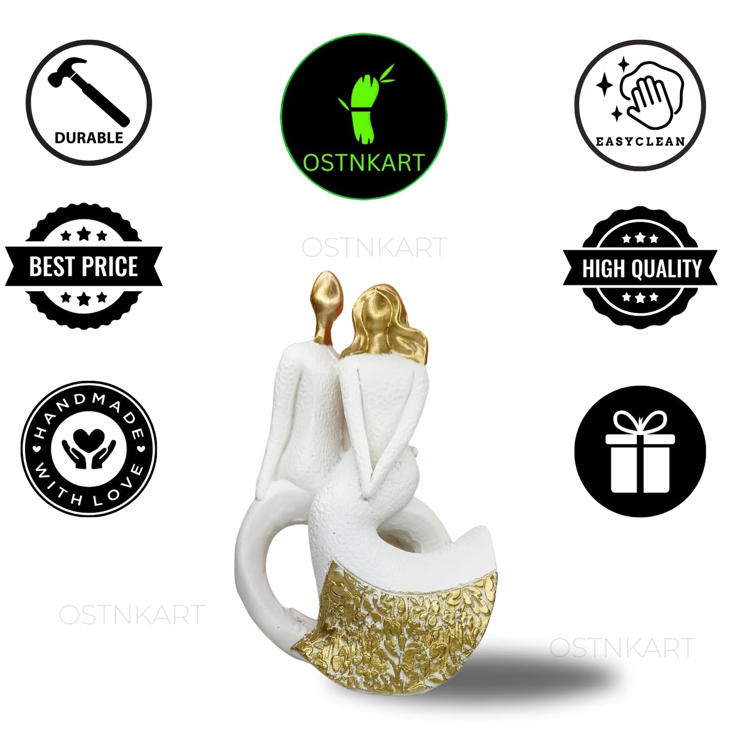 OSTNKART Resin Romantic Couple Statue 5.5 Inch White Gold Valentine Gift for Girlfriend, Boyfriend, Husband, Wife Decoration Showpiece (14 cm x 9 cm)