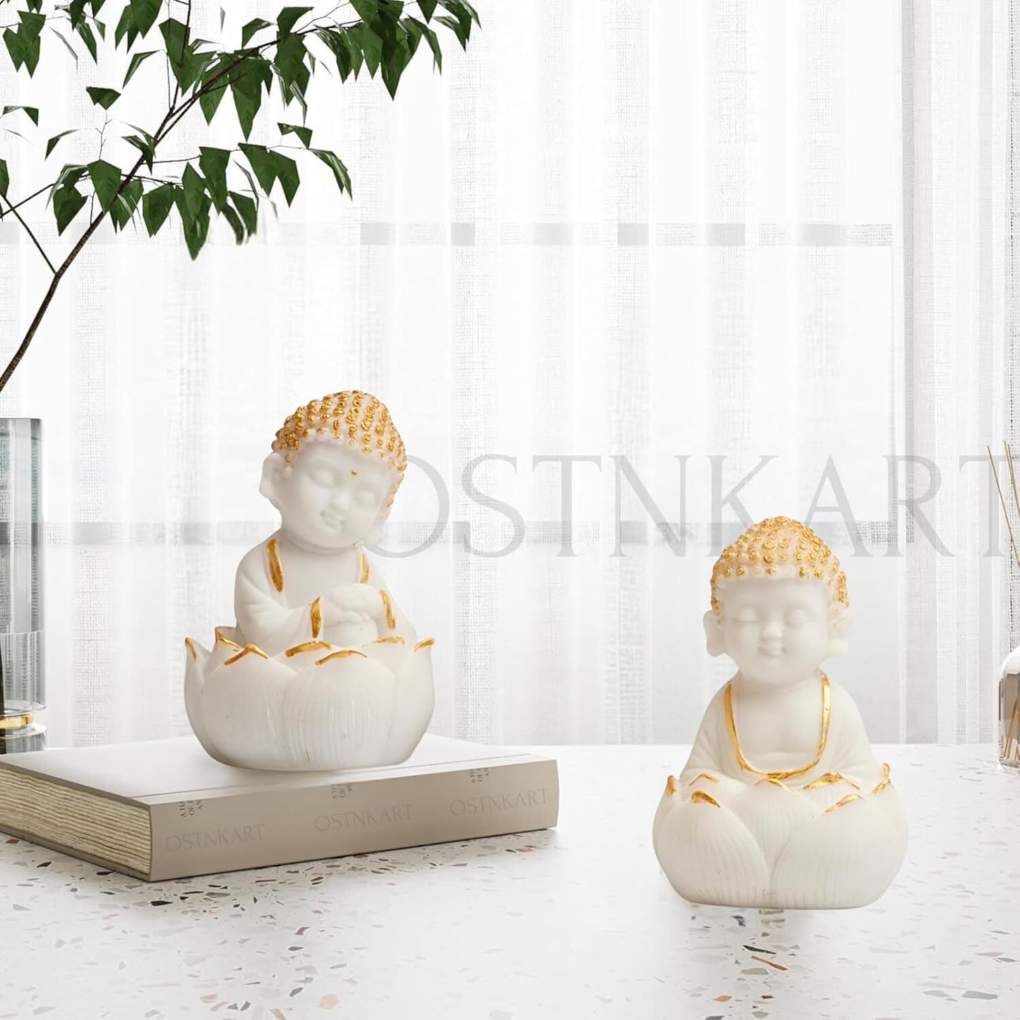 OSTNKART Laughing Buddha Statues for Living Room Good Luck Home Decorative item showpeice office Study Table Gift card house warming gifts for new home (White,set of 2)