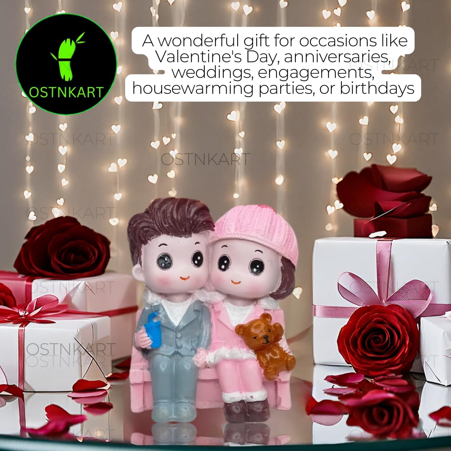 OSTNKART Polyresin Cute Couple Holding Teddy Bear 2.7 inch Multicolour Decorative Showpiece Valentine Gift for Girlfriend, Boyfriend, Husband, Wife (Polyresin, Multicolor)