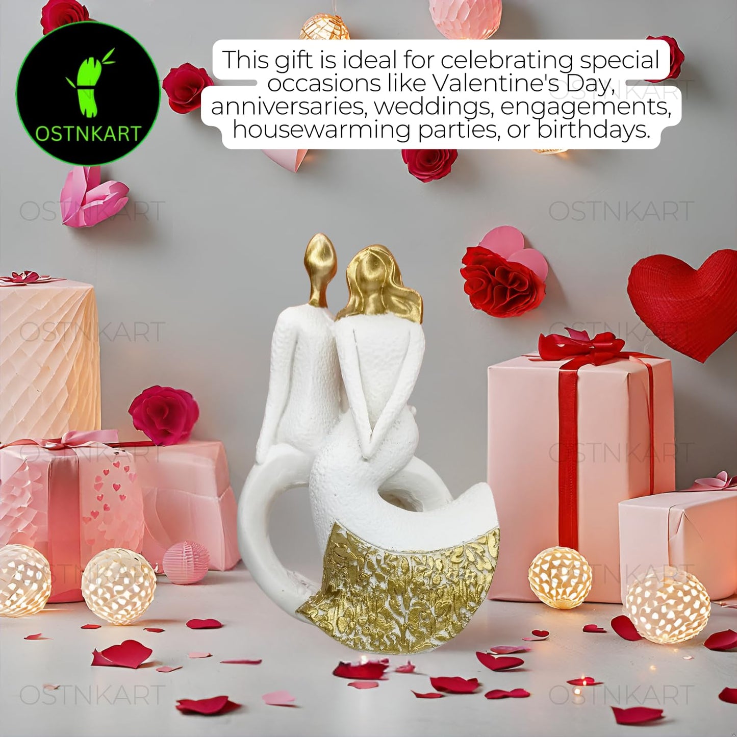 OSTNKART Resin Romantic Couple Statue 5.5 Inch White Gold Valentine Gift for Girlfriend, Boyfriend, Husband, Wife Decoration Showpiece (14 cm x 9 cm)