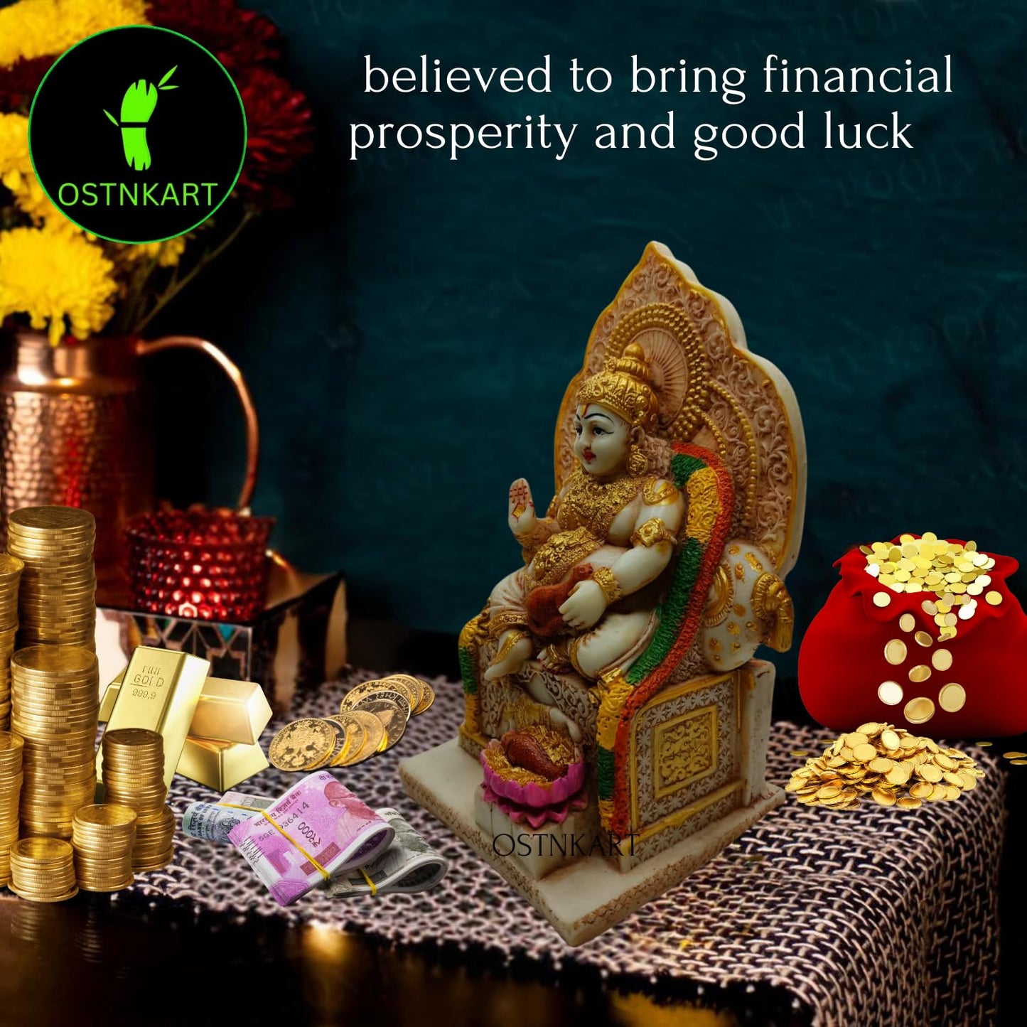 OSTNKART Kuber murti 7 inch Polyresin Idol kubera Statue Home & Office Pooja Room,Living Room Decor Show Piece Gift Good Luck Feng Shui (Multicolour,Size -7 * 4.5 * 3.5 inch)