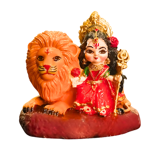 Maa Durga Idol with Lion Resin 3 inch Multicolour | Baal Durga Maa Car Dashboard Idol | Statue for Navratri Home & Office Decor Gift Item (Size-7.3L x 5.5W x 7.3H)