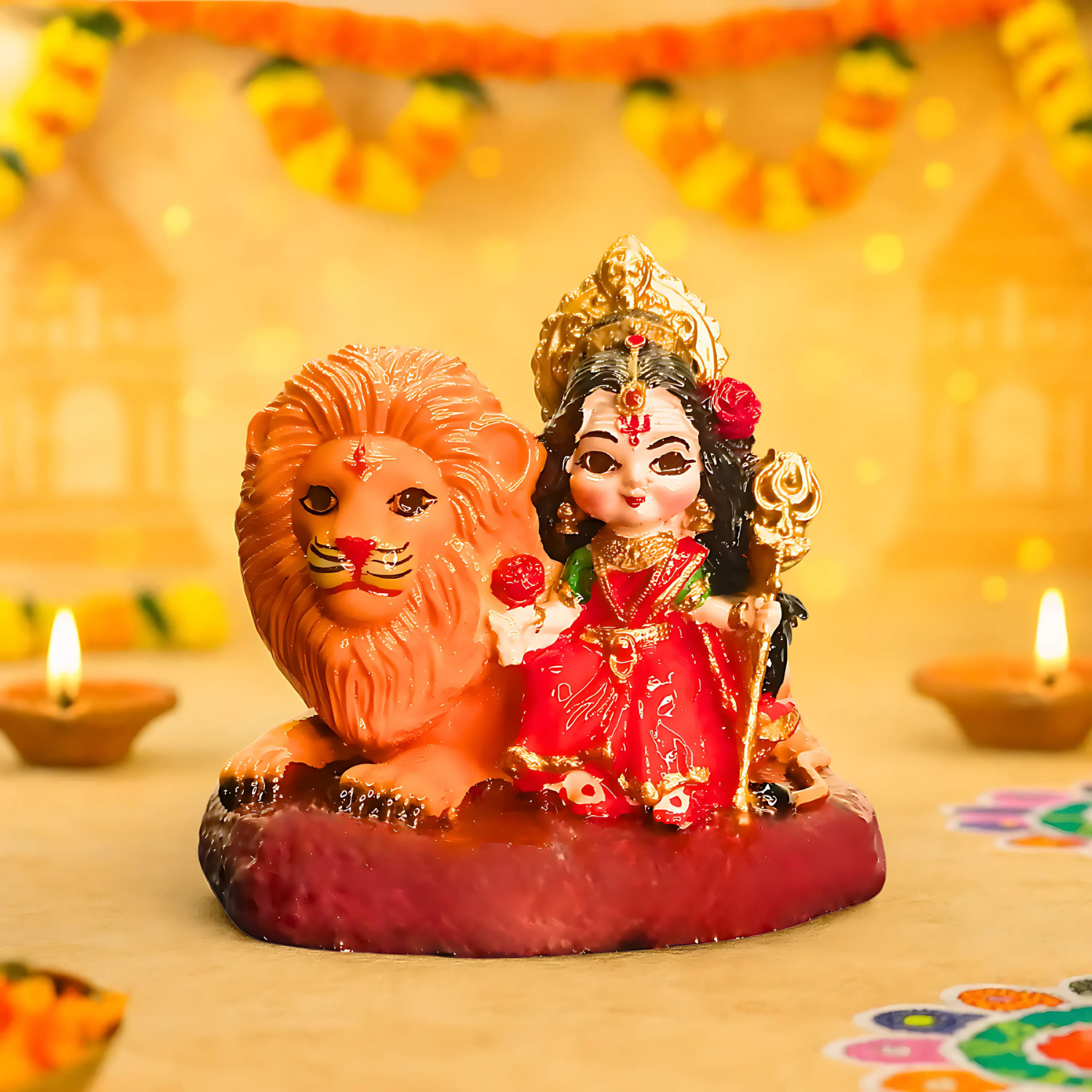 Maa Durga Idol with Lion Resin 3 inch Multicolour | Baal Durga Maa Car Dashboard Idol | Statue for Navratri Home & Office Decor Gift Item (Size-7.3L x 5.5W x 7.3H)