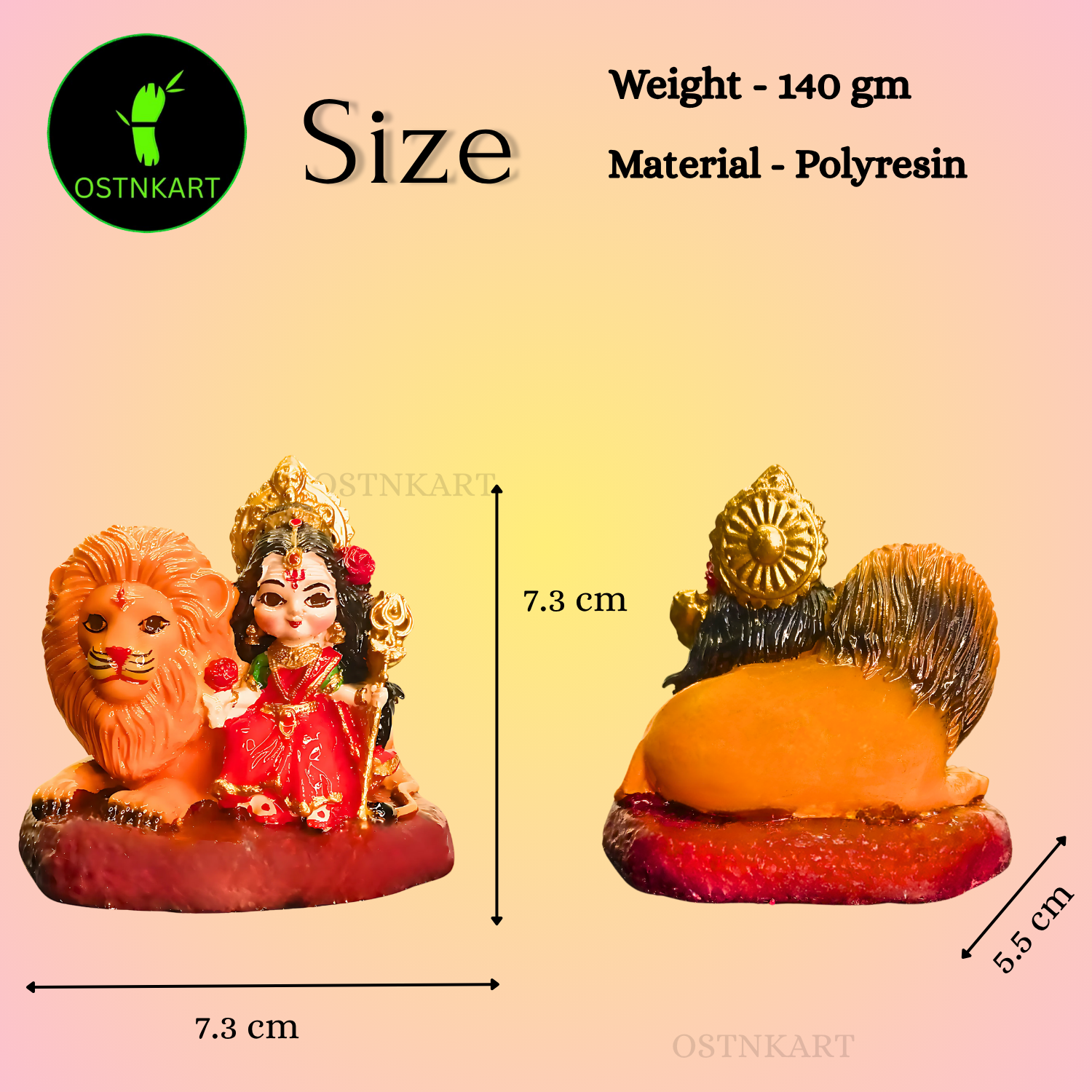 Maa Durga Idol with Lion Resin 3 inch Multicolour | Baal Durga Maa Car Dashboard Idol | Statue for Navratri Home & Office Decor Gift Item (Size-7.3L x 5.5W x 7.3H)