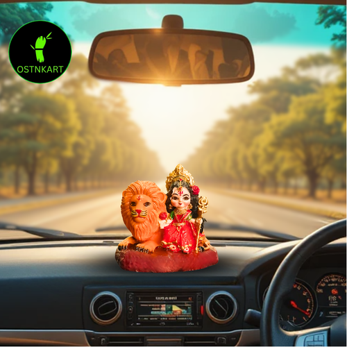 Maa Durga Idol with Lion Resin 3 inch Multicolour | Baal Durga Maa Car Dashboard Idol | Statue for Navratri Home & Office Decor Gift Item (Size-7.3L x 5.5W x 7.3H)