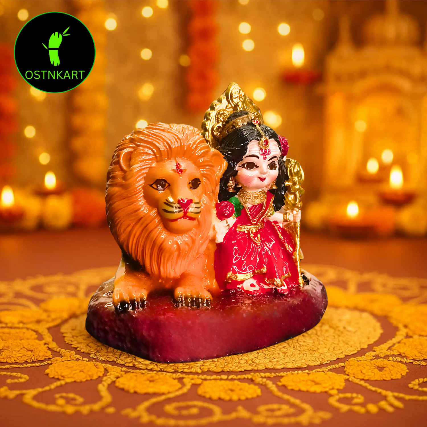Maa Durga Idol with Lion Resin 3 inch Multicolour | Baal Durga Maa Car Dashboard Idol | Statue for Navratri Home & Office Decor Gift Item (Size-7.3L x 5.5W x 7.3H)
