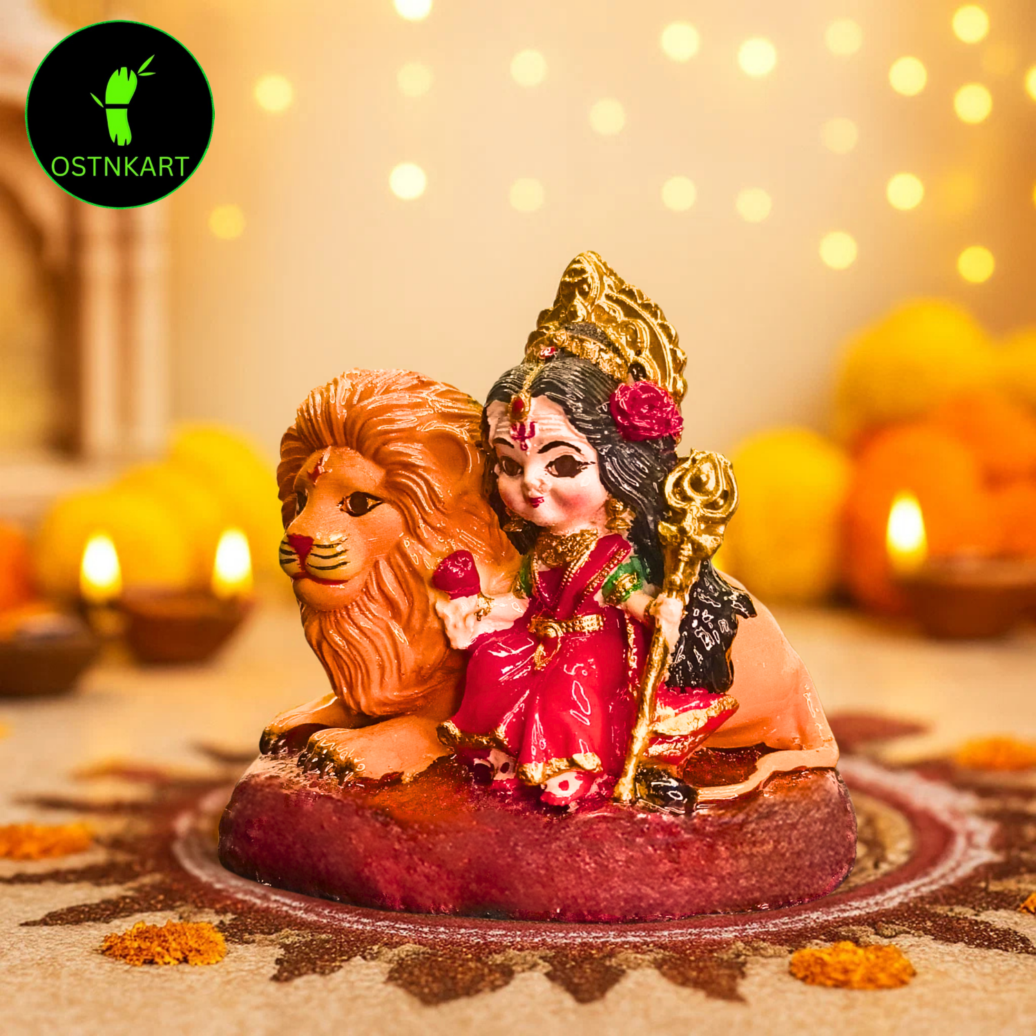 Maa Durga Idol with Lion Resin 3 inch Multicolour | Baal Durga Maa Car Dashboard Idol | Statue for Navratri Home & Office Decor Gift Item (Size-7.3L x 5.5W x 7.3H)