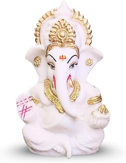 OSTNKART Resin Ganesh Idol for Car Dashboard – 3.5 Inch White and Gold Idol| Ganpati Murti for Home Decor, Pooja Room & for Gift