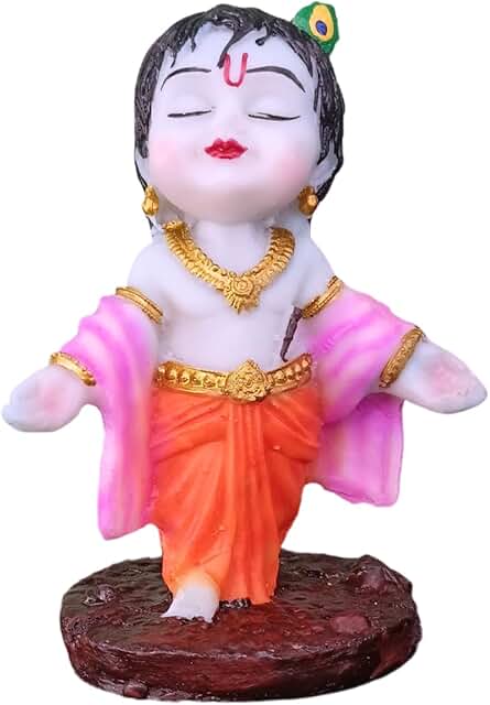 OSTNKART Bal Krishna Idol for Car Dashboard 4 inch Multicolour, Office Table,Home Decor| Little Mor Pankh & Bansuri Figurine| God Statue for Gifting Kids, Family & Friends (Krishna Ji)
