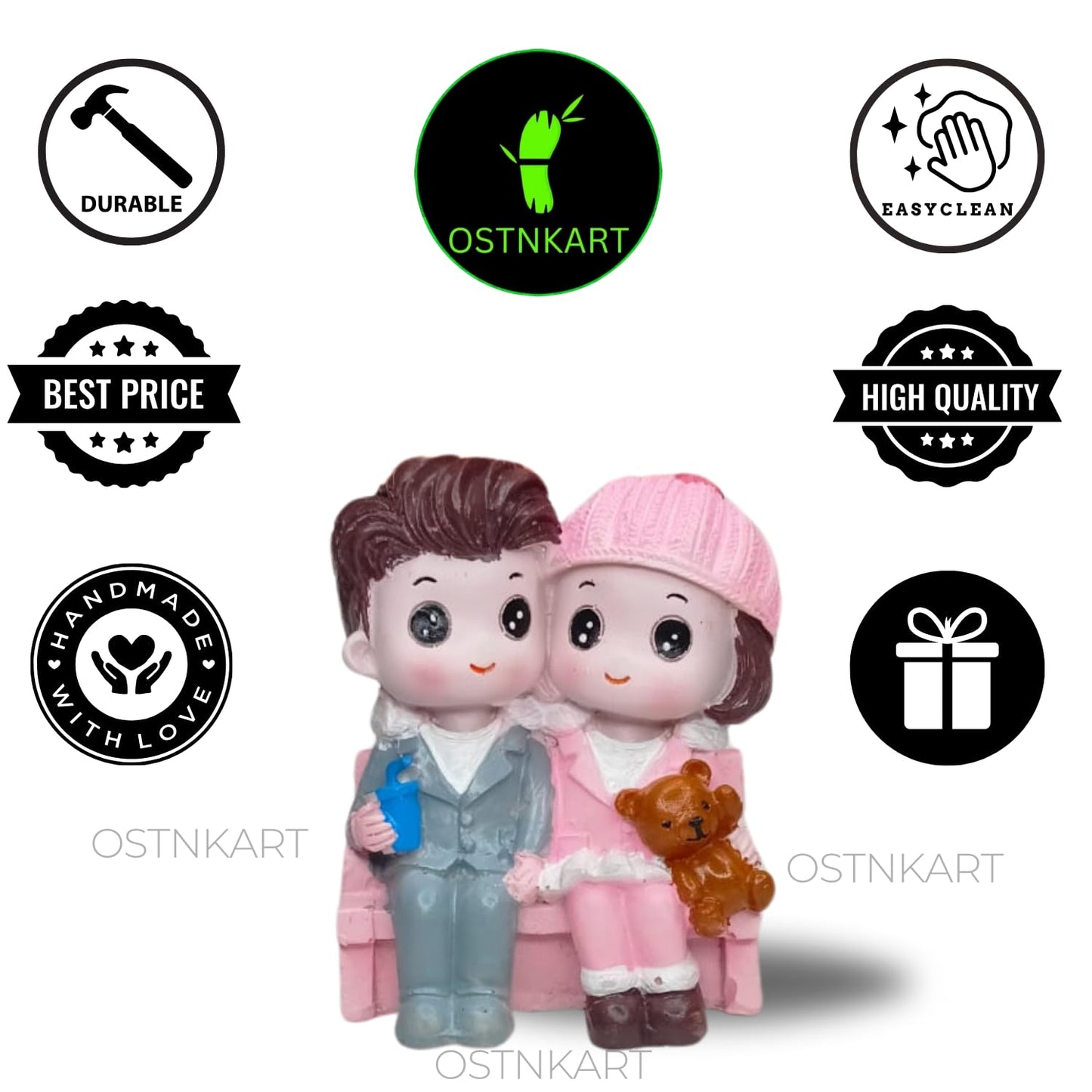 OSTNKART Polyresin Cute Couple Holding Teddy Bear 2.7 inch Multicolour Decorative Showpiece Valentine Gift for Girlfriend, Boyfriend, Husband, Wife (Polyresin, Multicolor)