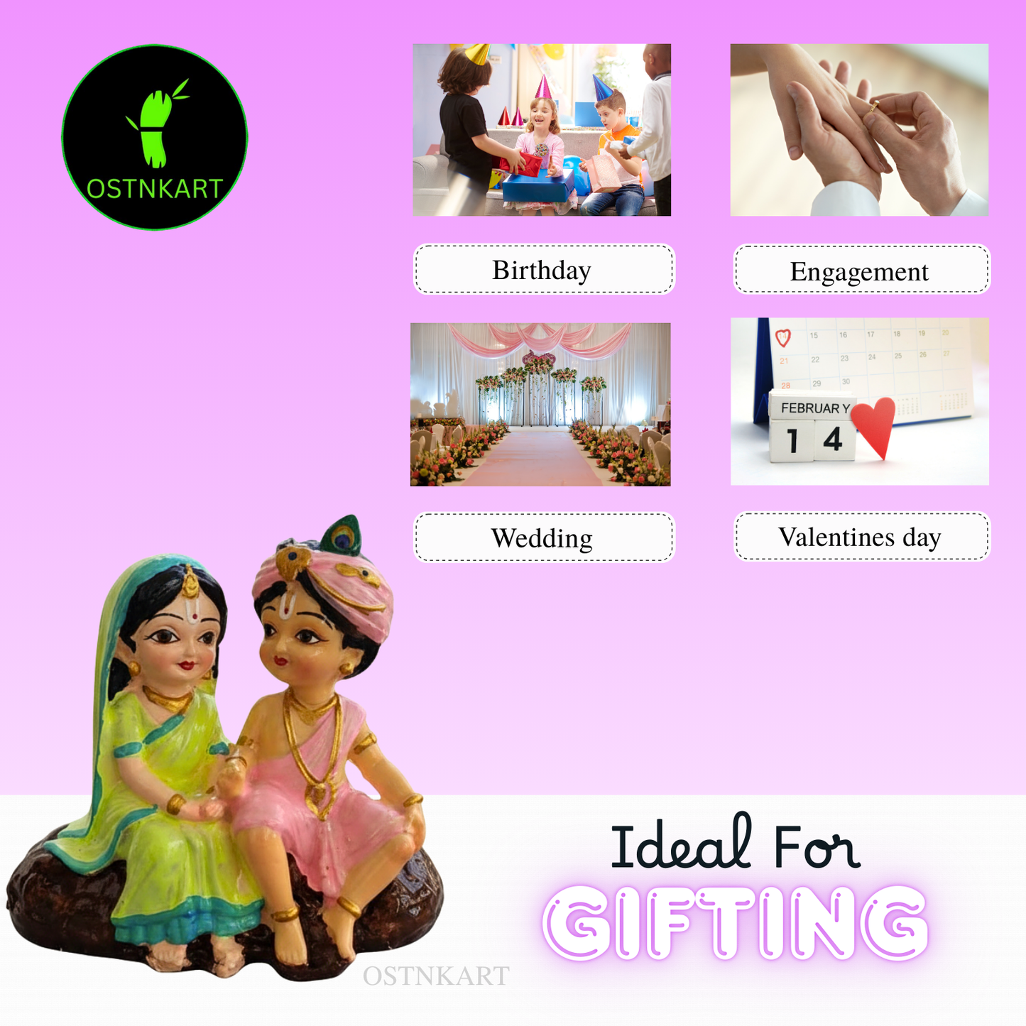 Radha Krishna Idol | 4 Inch Multicolour Polyresin Car Dashboard Statue | Decorative Spiritual Showpiece for Home, Office & Gift (Size: 10 x 5 x 10 cm)