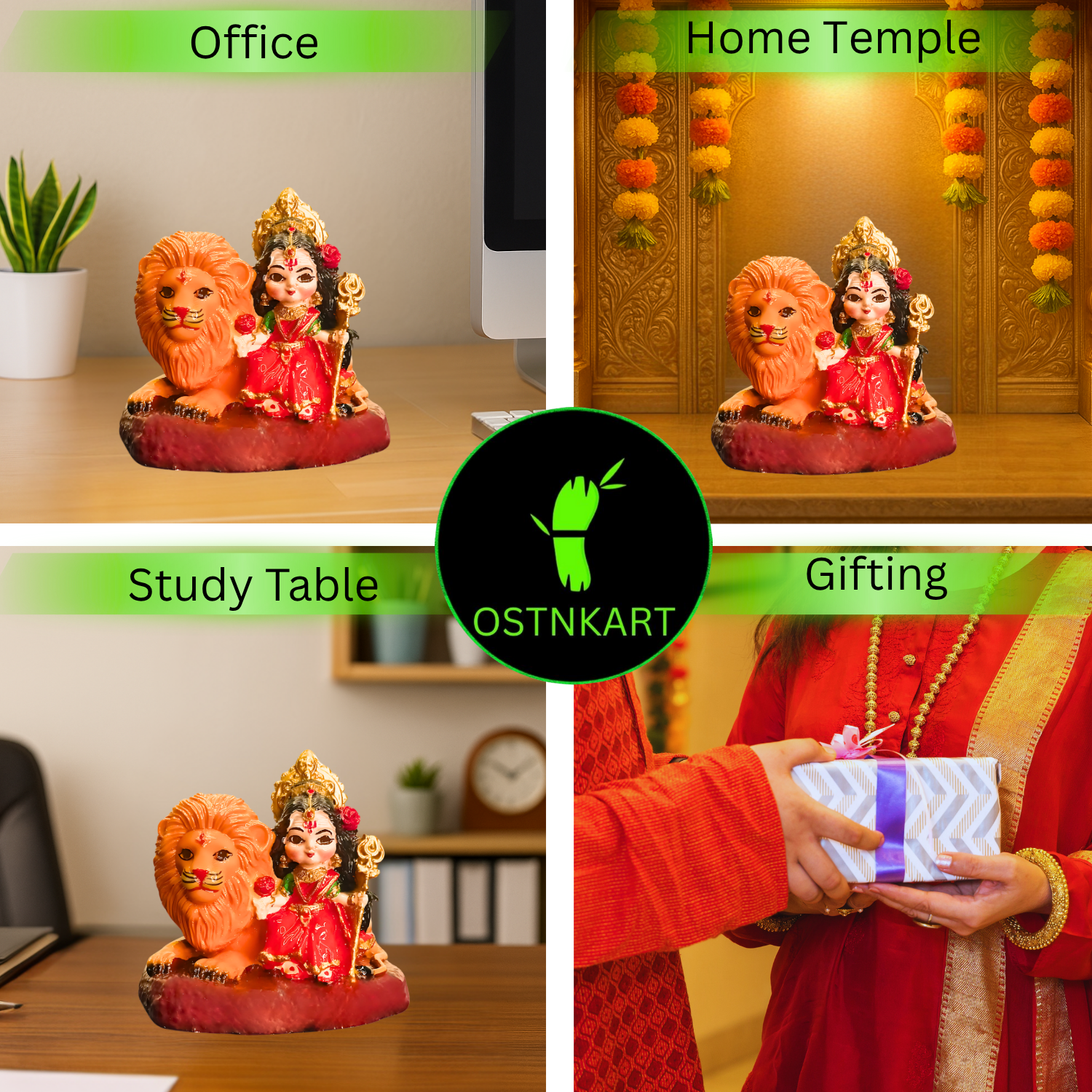 Maa Durga Idol with Lion Resin 3 inch Multicolour | Baal Durga Maa Car Dashboard Idol | Statue for Navratri Home & Office Decor Gift Item (Size-7.3L x 5.5W x 7.3H)