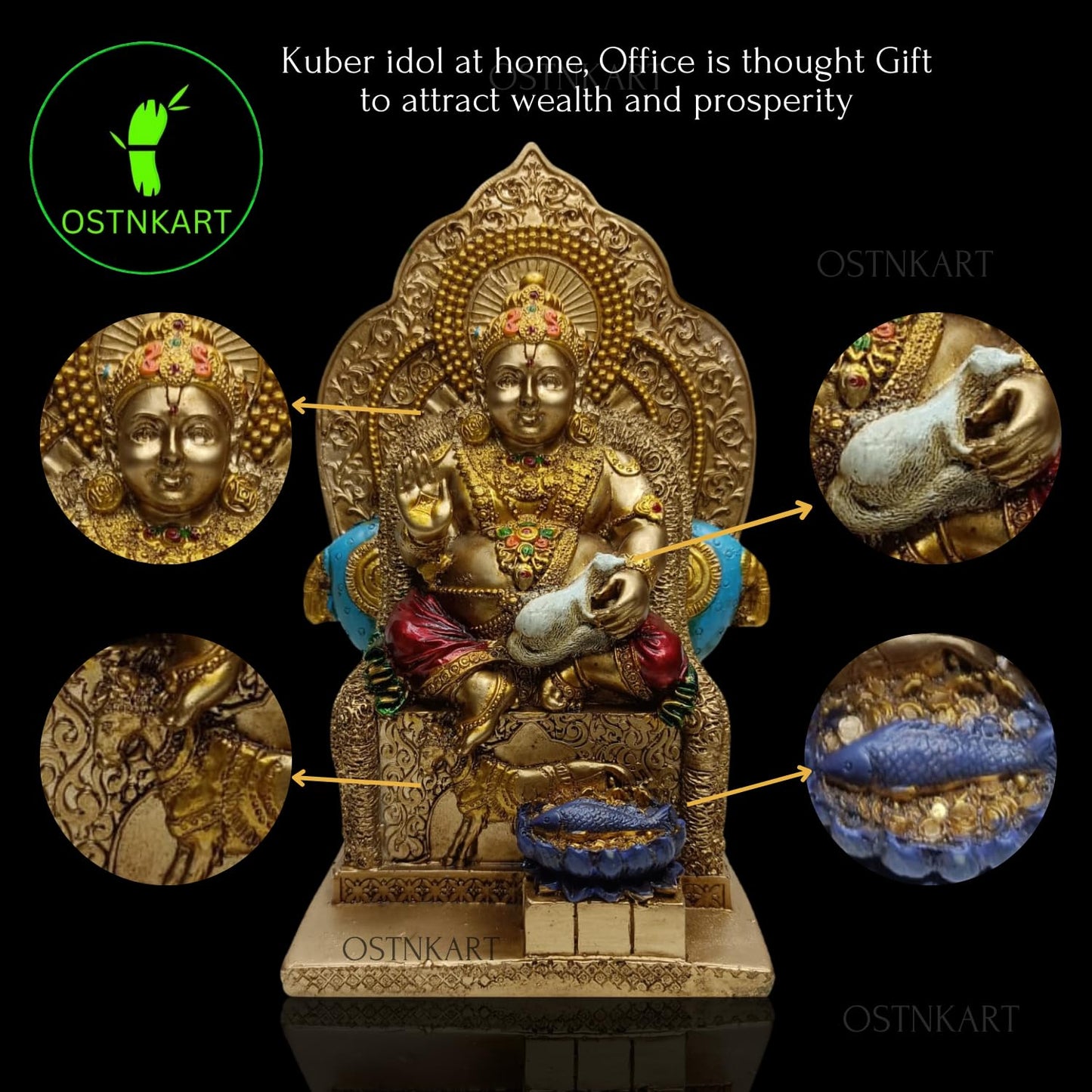 OSTNKART Kuber murti 7 inch Polyresin Idol kubera Statue Home & Office Pooja Room,Living Room Decor Show Piece New House Warming Gift Good Luck Feng Shui (Golden,Size -7 * 4.5 * 3.5 inch)