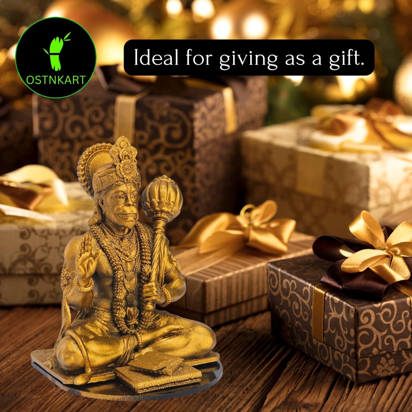 OSTNKART Hanuman Ji Murti for Car Dashboard Idol, Temple,Home & Office Decor Statue, Living Room Show Piece, New House Warming, Birthday, Diwali Blessing Hanuman Statue (Gold 6L x 5.5W x 8H cm)