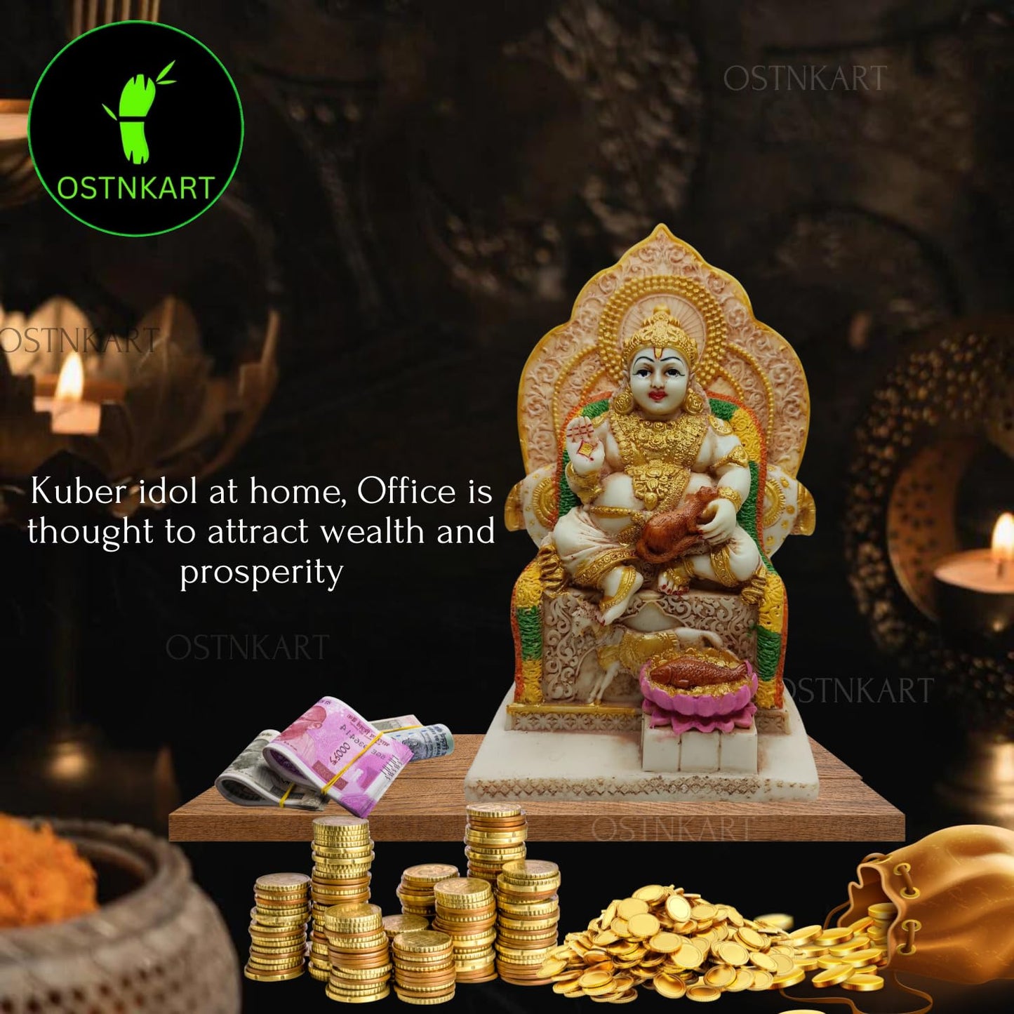 OSTNKART Kuber murti 7 inch Polyresin Idol kubera Statue Home & Office Pooja Room,Living Room Decor Show Piece Gift Good Luck Feng Shui (Multicolour,Size -7 * 4.5 * 3.5 inch)