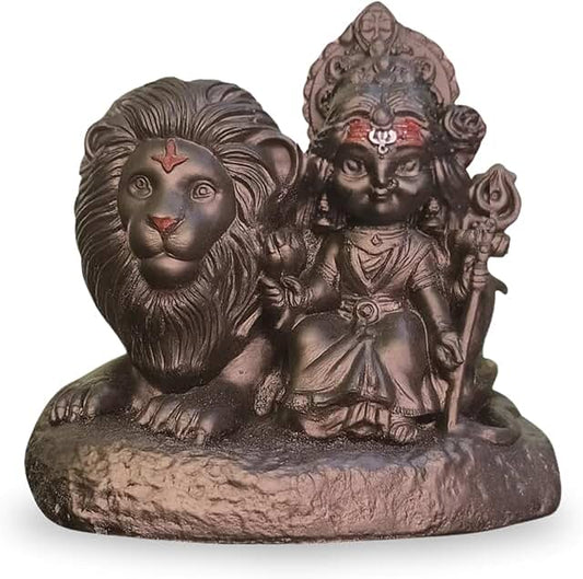 OSTNKART Maa Durga Idol with Lion Resin 3 inch Black | Baal Durga Maa Car Dashboard Idol | Statue for Navratri Home & Office Decor Gift Item (Size-7.3L x 5.5W x 7.3H)