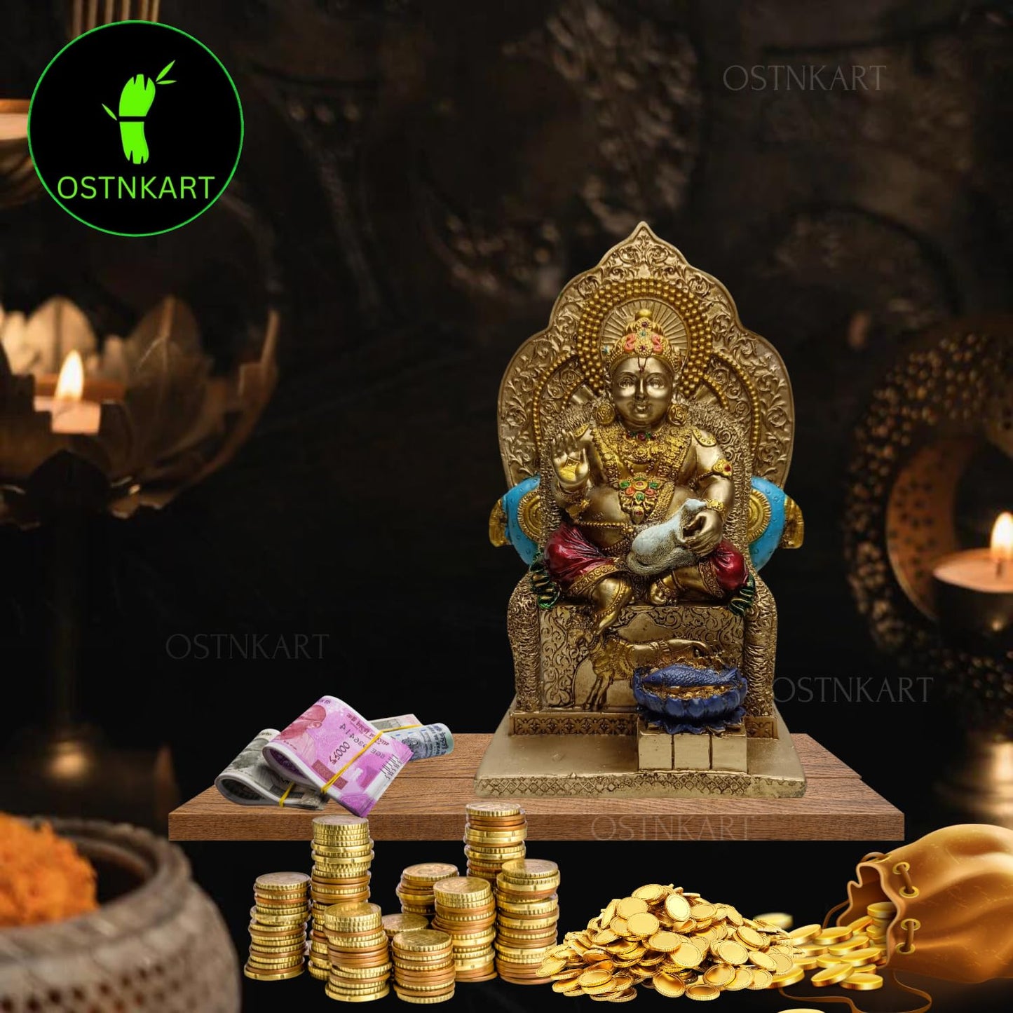 OSTNKART Kuber murti 7 inch Polyresin Idol kubera Statue Home & Office Pooja Room,Living Room Decor Show Piece New House Warming Gift Good Luck Feng Shui (Golden,Size -7 * 4.5 * 3.5 inch)