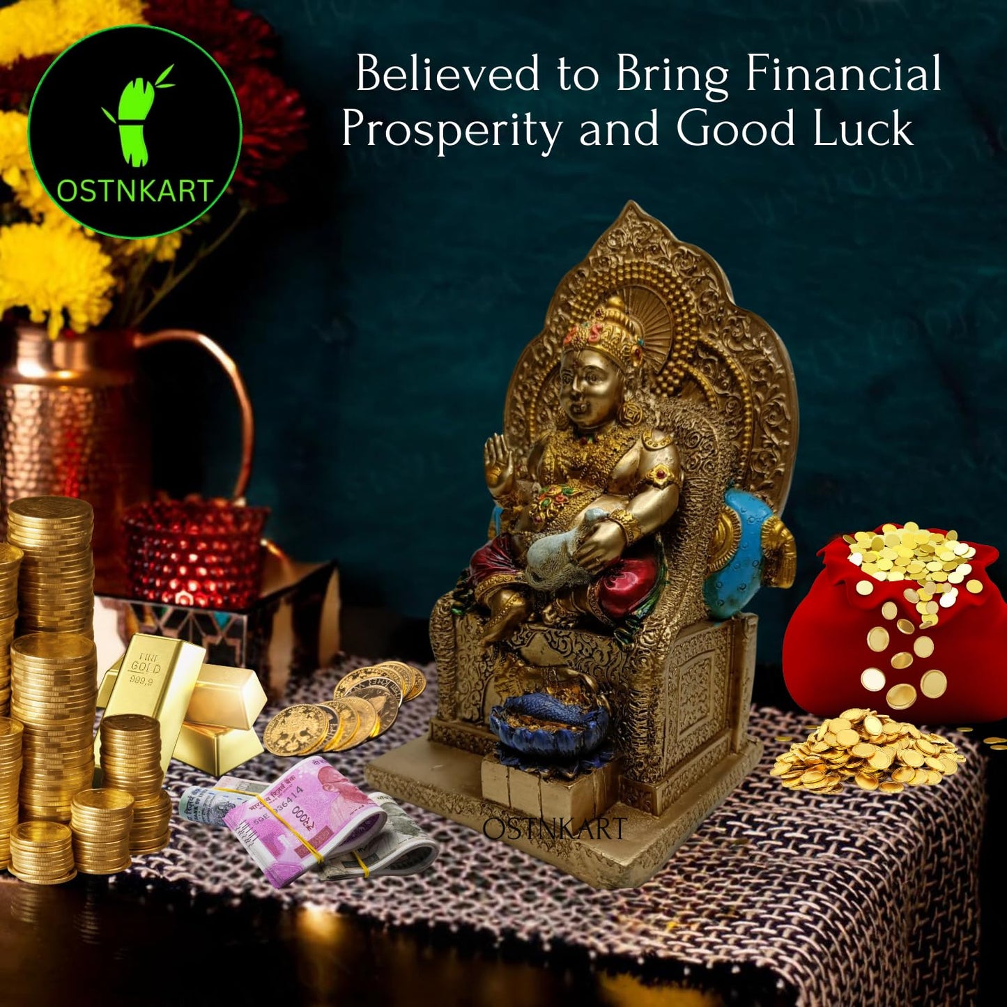 OSTNKART Kuber murti 7 inch Polyresin Idol kubera Statue Home & Office Pooja Room,Living Room Decor Show Piece New House Warming Gift Good Luck Feng Shui (Golden,Size -7 * 4.5 * 3.5 inch)